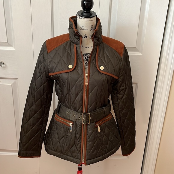 Vince Camuto quilted belted field jacket green tan sz medium - Picture 4 of 14